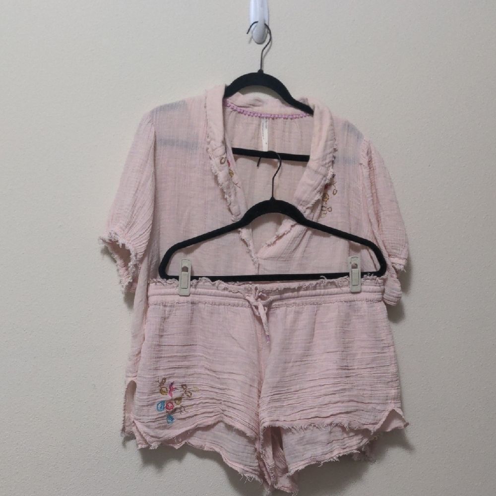 Anthropologie Light Pink Embroidered Pajama Set